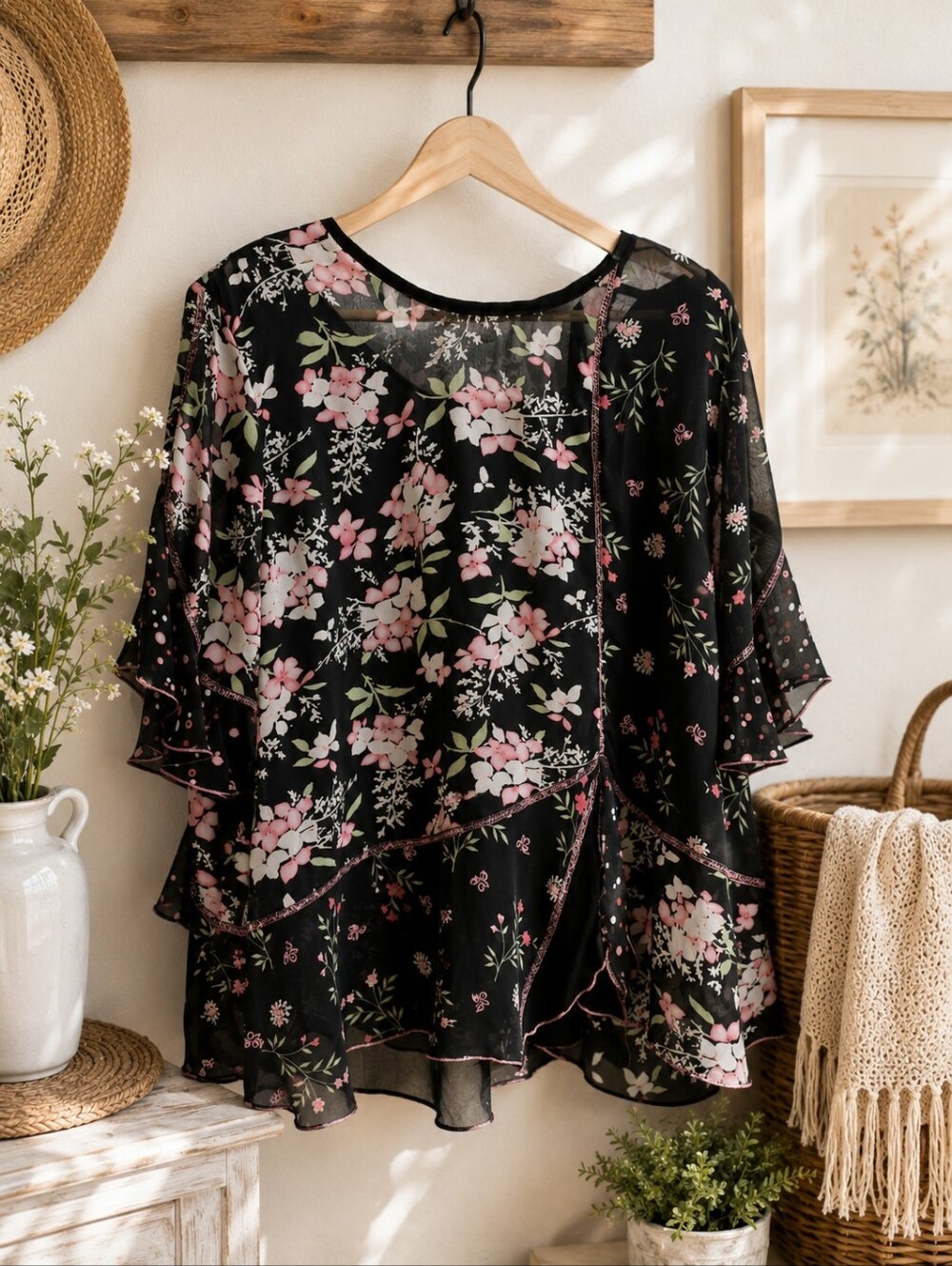 Black Floral Layered Women’s Tunic with Pink Accents